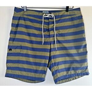J.Crew Mens Swim Trunks Size 35 Navy Olive Green Striped Board Shorts Surf Beach